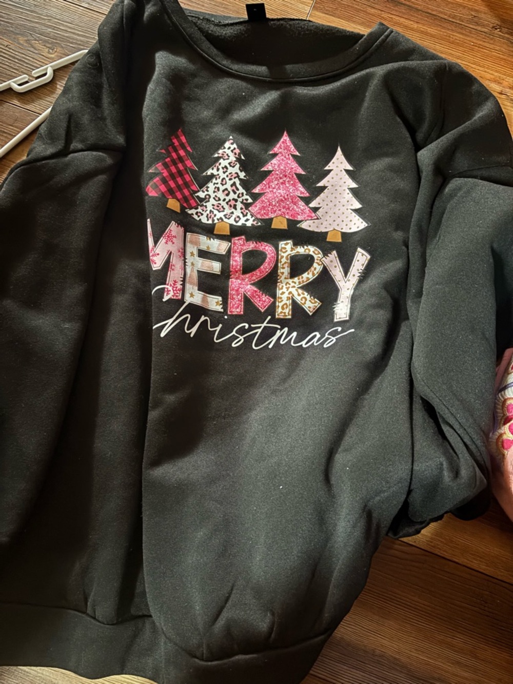 SHEIN Black Merry Christmas Graphic Sweatshirt with Pink & White Trees